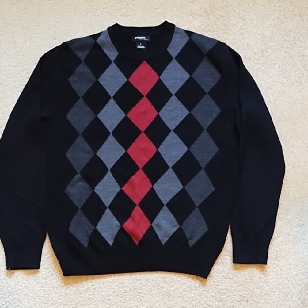 System Men's Collection Argyle Crewneck Sweater Size Medium Black Gray Red